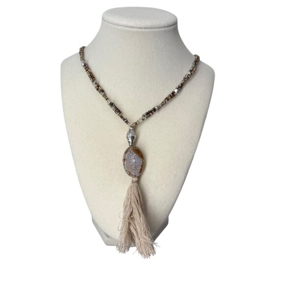 J. Jill Multi-Beaded Strand Necklace Long Agate Pendant Tassel Statement Metal - Picture 5 of 12